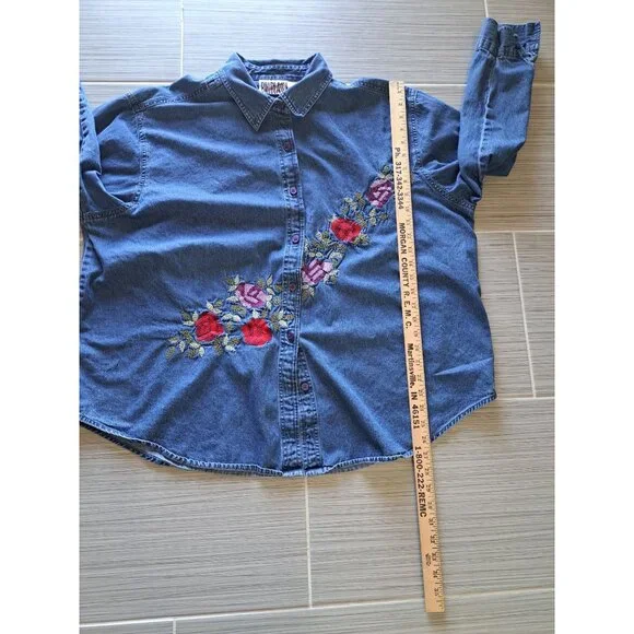 Vtg Bill Blass Womens 3X Embroidered Denim Shirt Button-Up Cotton Floral Boho - Picture 7 of 9